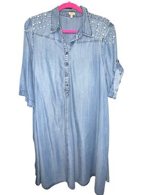 Reba Denim Tencel Dress with Faux Pearl Accents | Size XL - Very oversized | EUC